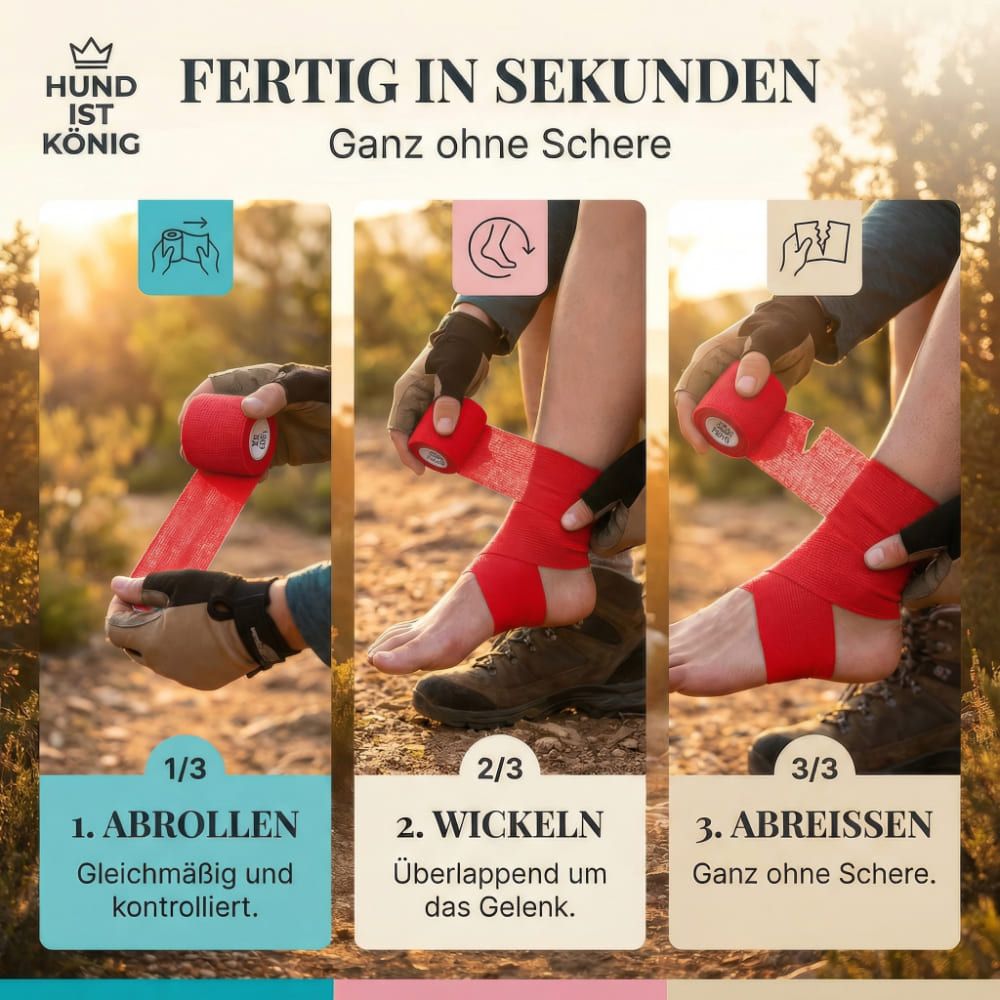 Anleitung zur Anwendung der roten Bandage. 3 Schritte: Abrollen, Wickeln, Abreißen. Ganz ohne Schere.