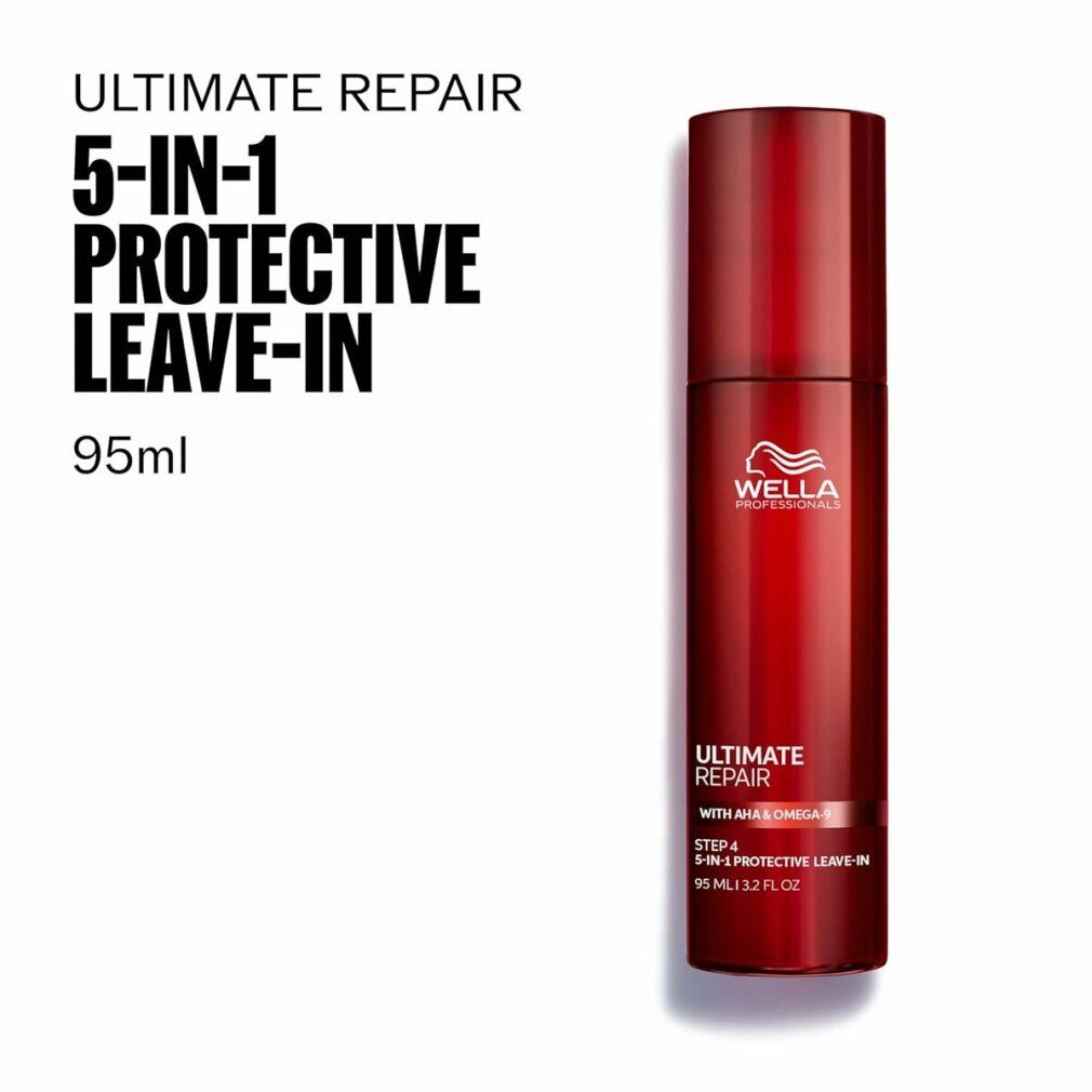 Rote Flasche Wella Ultimate Repair. Text: 5-in-1 Protective Leave-In. 95 ml. AHA & Omega.