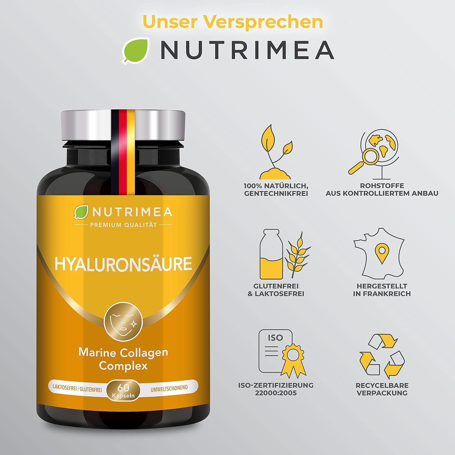 Flasche mit Hyaluronsäure. Text: 100% natürlich, glutenfrei, laktosefrei, aus kontrolliertem Anbau, hergestellt in Frankreich, ISO-zertifiziert.