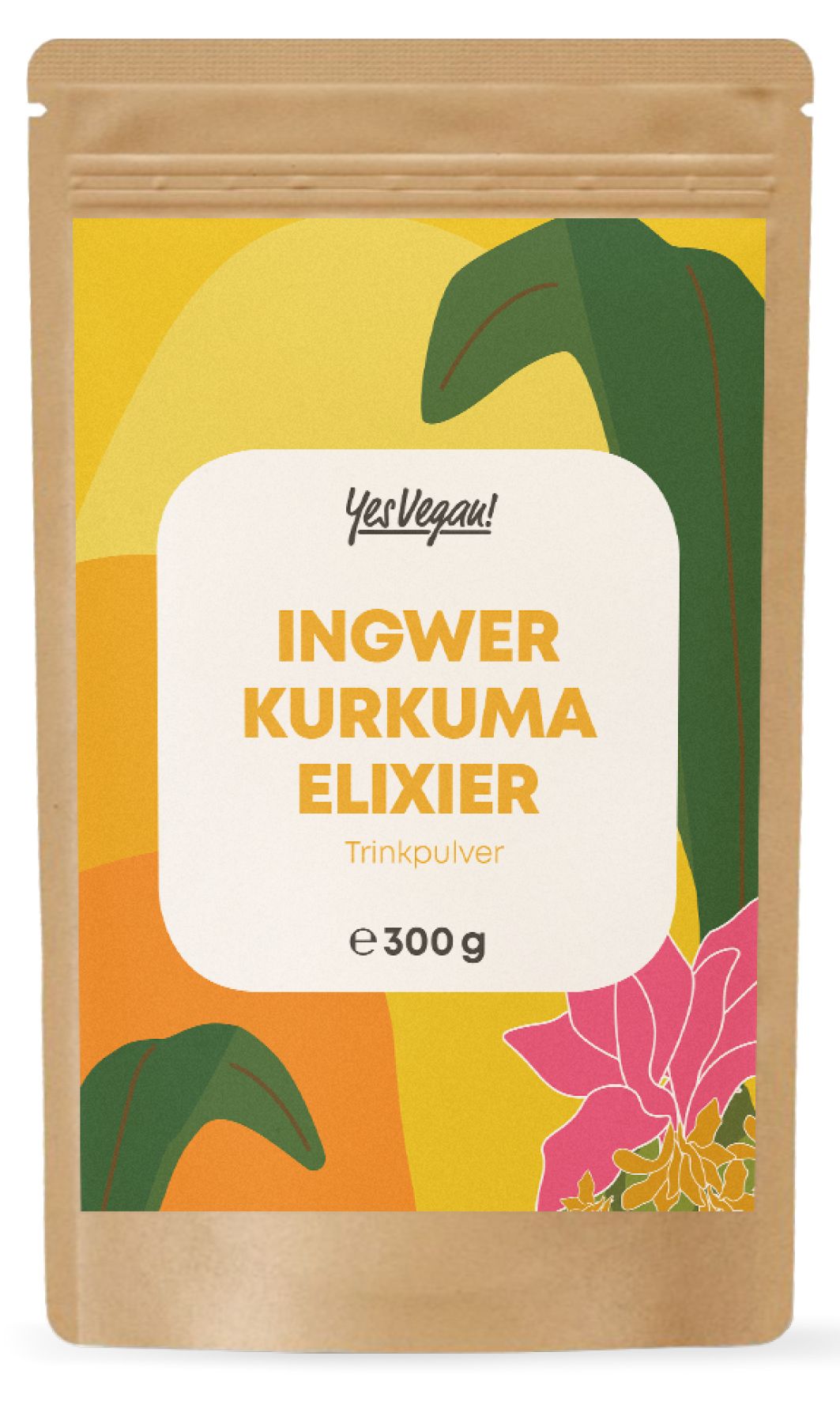 Beutel Ingwer Kurkuma Elixier. Aufschrift: YesVegan!, Ingwer Kurkuma Elixier, Trinkpulver, 300g. Design mit gelben und grünen Elementen, sowie einer rosa Blume.