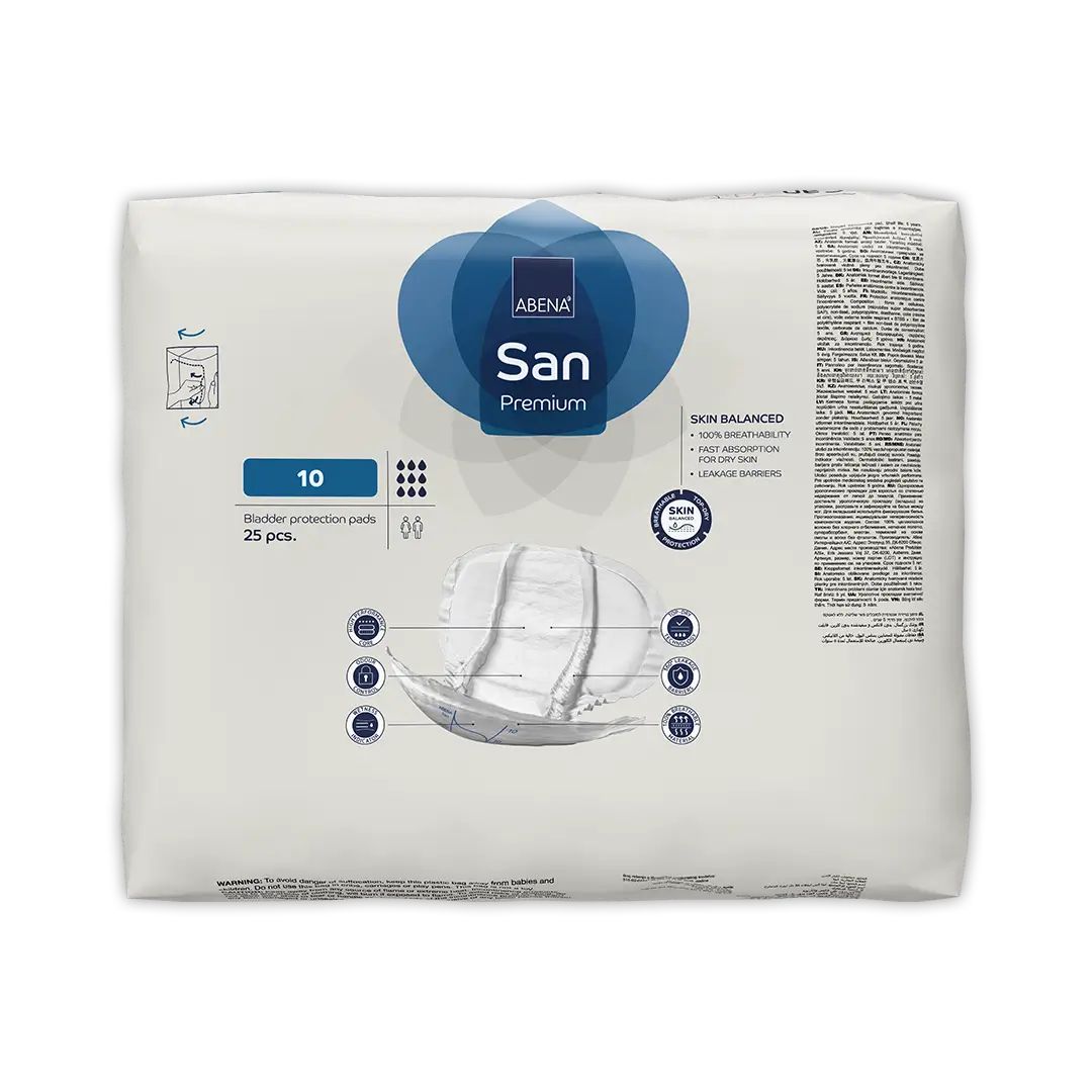 Verpackung von ABENA San Premium. Enthält 25 Stück. Mit 360° Auslaufschutz und Hautschutz. Mit Skin Balanced-Logo.