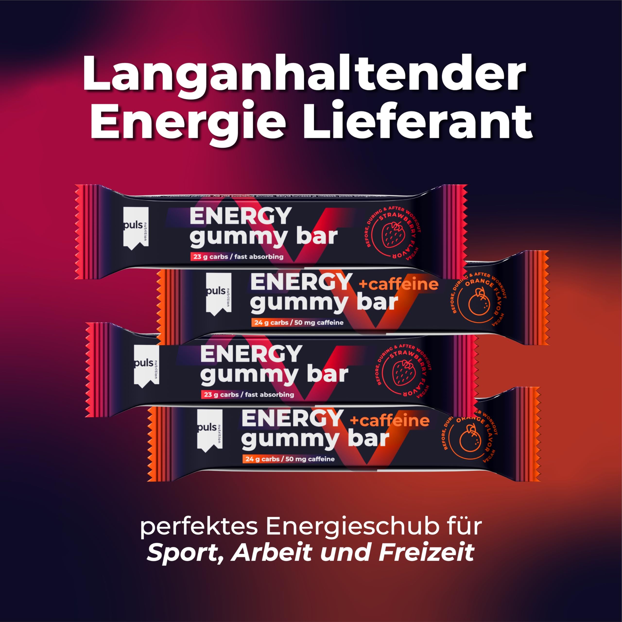 Mehrere Puls Energy Gummy Bars mit Koffein, Orangengeschmack und Erdbeergeschmack.
