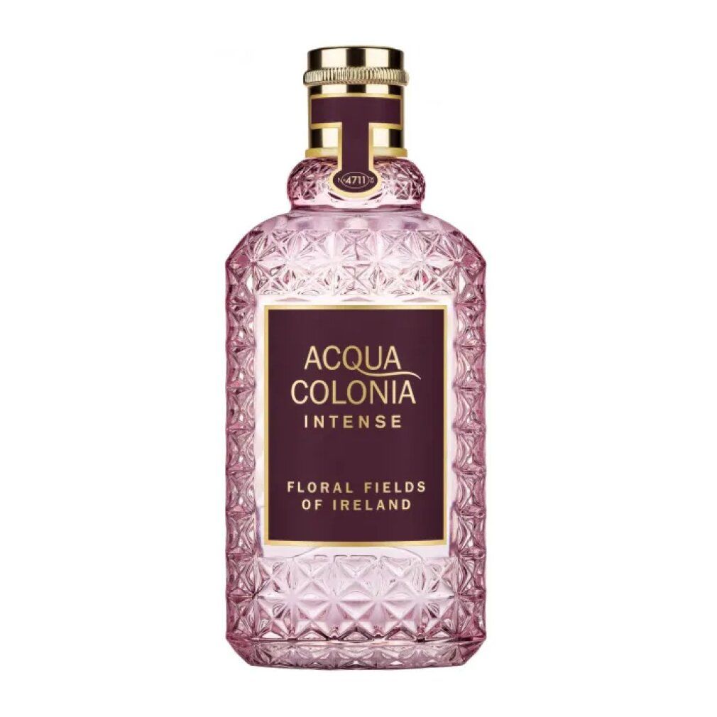 Rosa Glasflasche mit goldfarbenem Verschluss. Aufschrift: ACQUA COLONIA INTENSE, FLORAL FIELDS OF IRELAND.