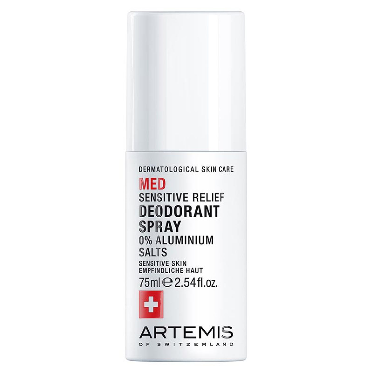 Weißes Deospray mit roter und schwarzer Schrift. Text: MED Sensitive Relief Deodorant Spray, 0% Aluminiumsalze, empfindliche Haut. Rotes Kreuz.