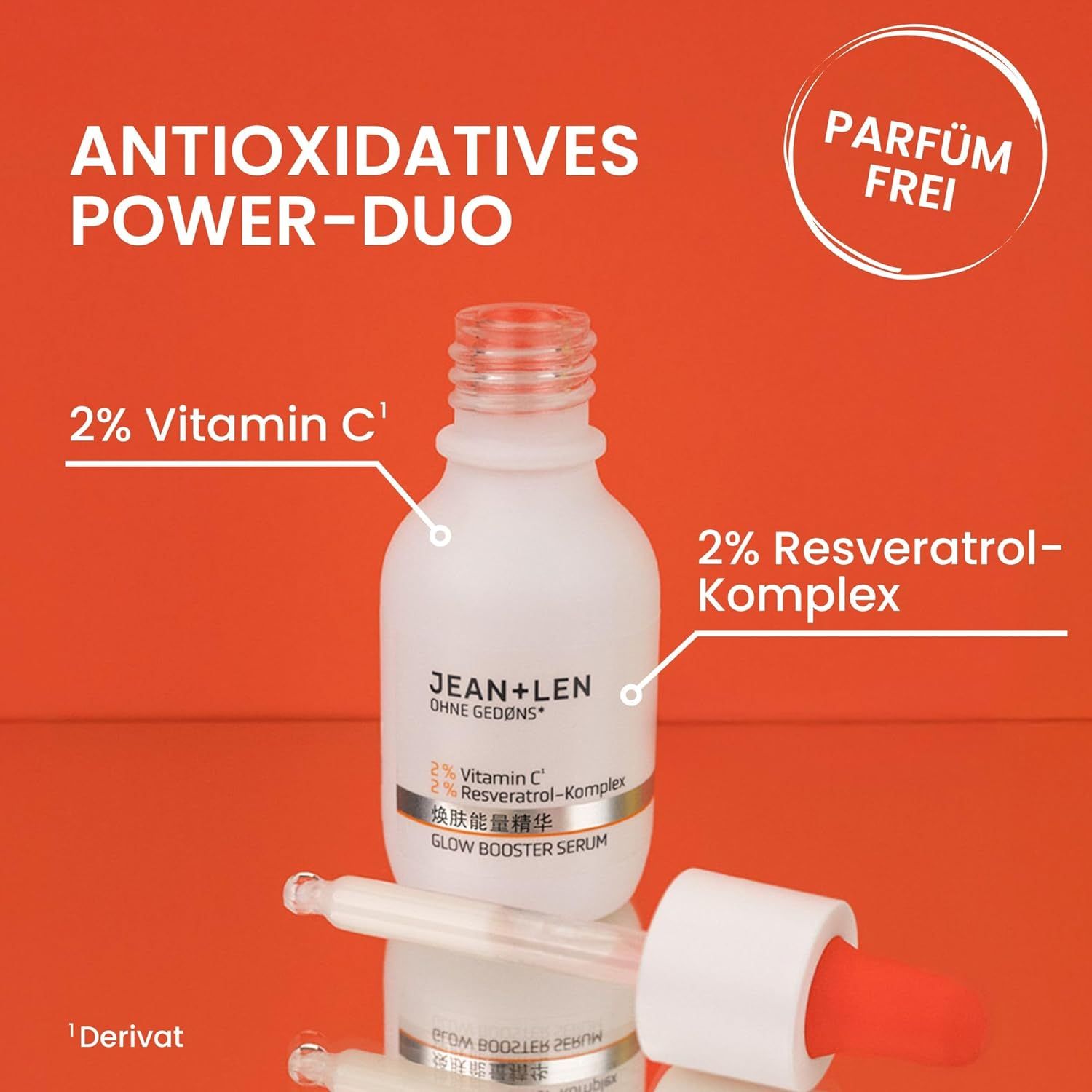 Weiße Serumflasche mit Pipette. Aufschrift: JEAN+LEN, Glow Booster Serum, 2% Vitamin C, 2% Resveratrol-Komplex. Orangefarbener Hintergrund.