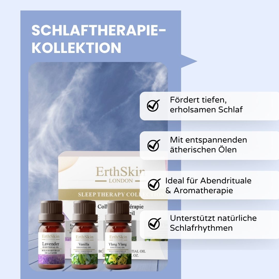 ErthSkin London Schlaftherapie-Kollektion. Drei Flaschen ätherischer Öle. Verpackung mit Produktinformationen und Text.