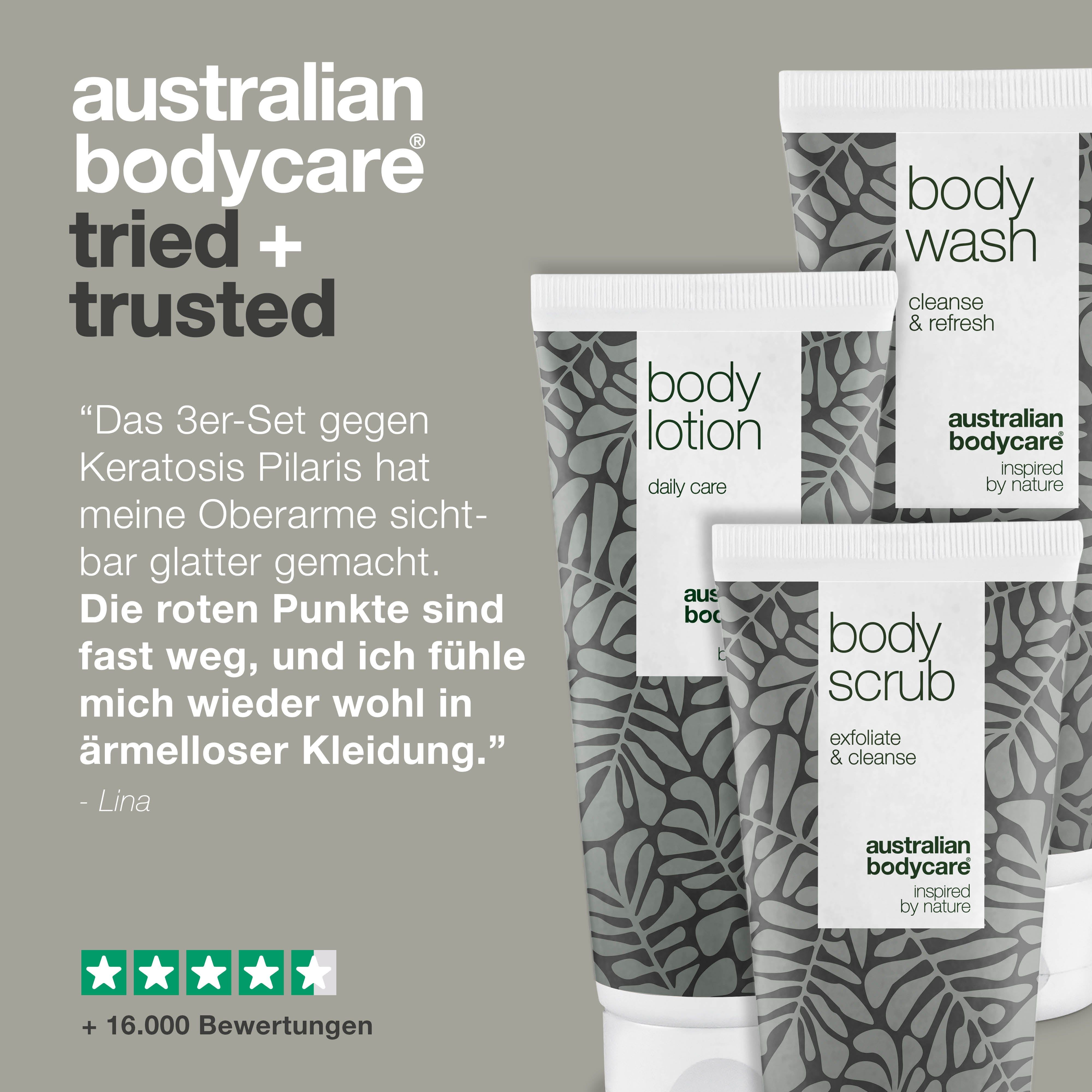 Drei Tuben. Aufschrift: Body Scrub, Body Wash, Body Lotion. Marke: Australian Bodycare. Text: Tried + Trusted. Sterne-Bewertung.