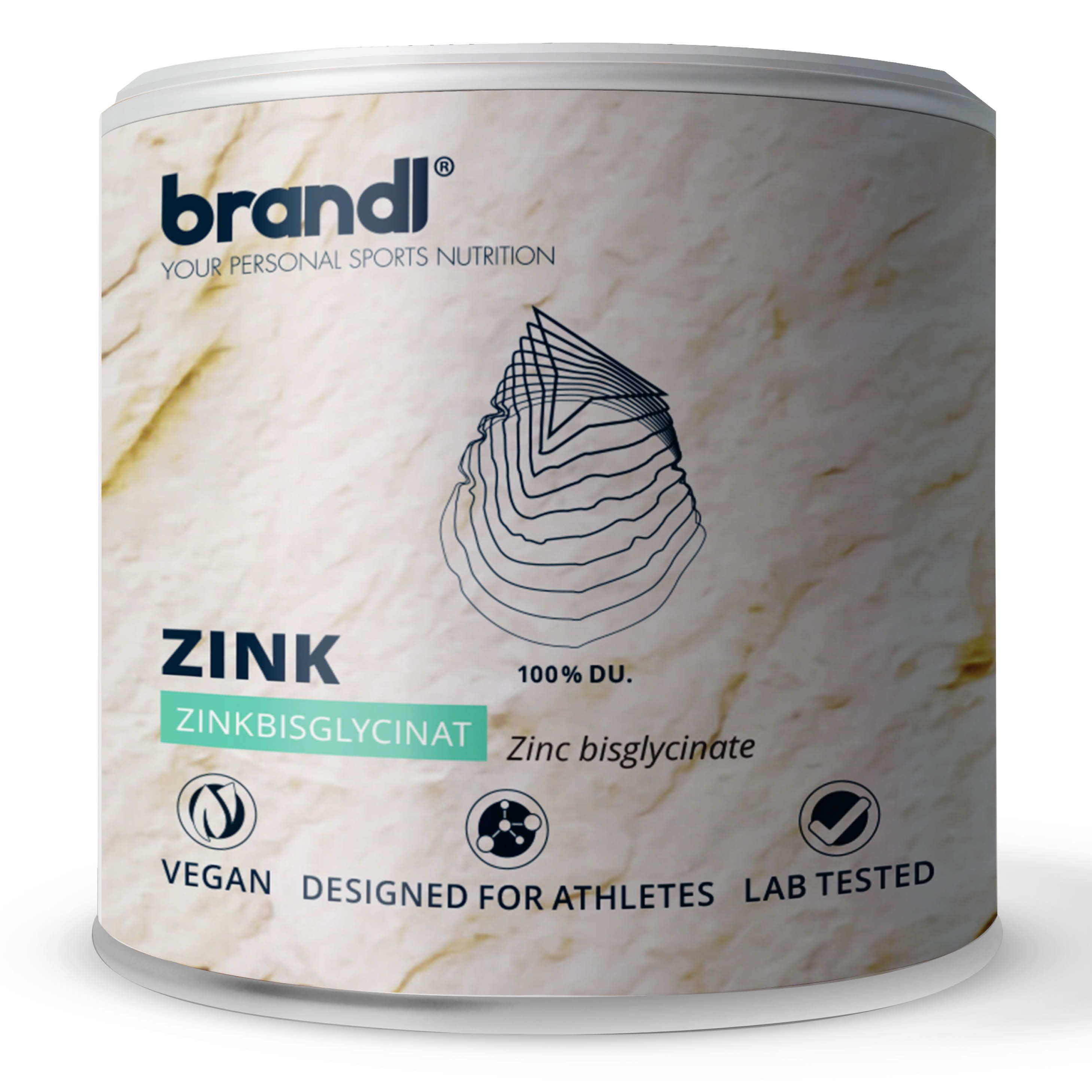 Zink-Dose von brandl®. Aufschrift: Zink, Zinkbisglycinat. Vegan, für Sportler, Laborgetestet. Dose mit Deckel.
