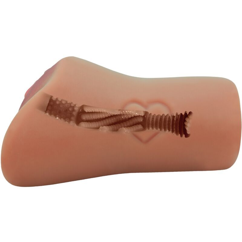 Masturbationsgerät, Seitenansicht. Gerippte Innenseite. Herzförmige Prägung. Rosa farbener Bereich.