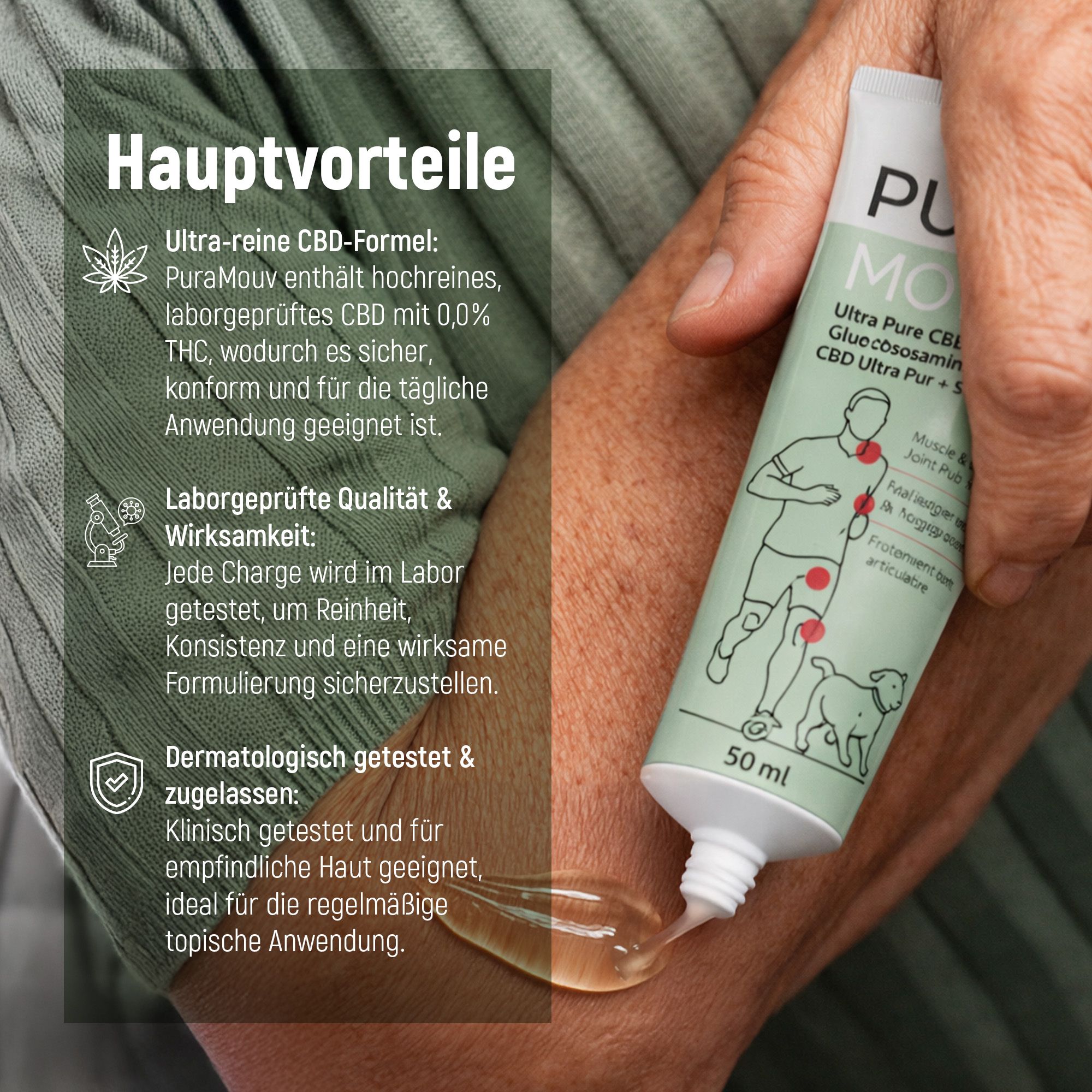 BHW PuraMouv Muskel- & Gelenk Balsam CBD & Glucosamin Tube in der Hand, dermatologisch getestet.