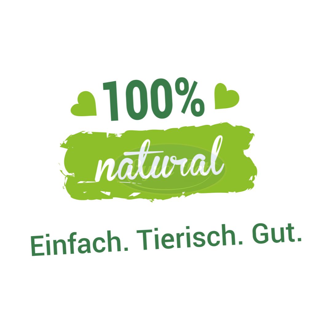 Logo mit Text "100% natural" und "Einfach. Tierisch. Gut.". Grüner Hintergrund.