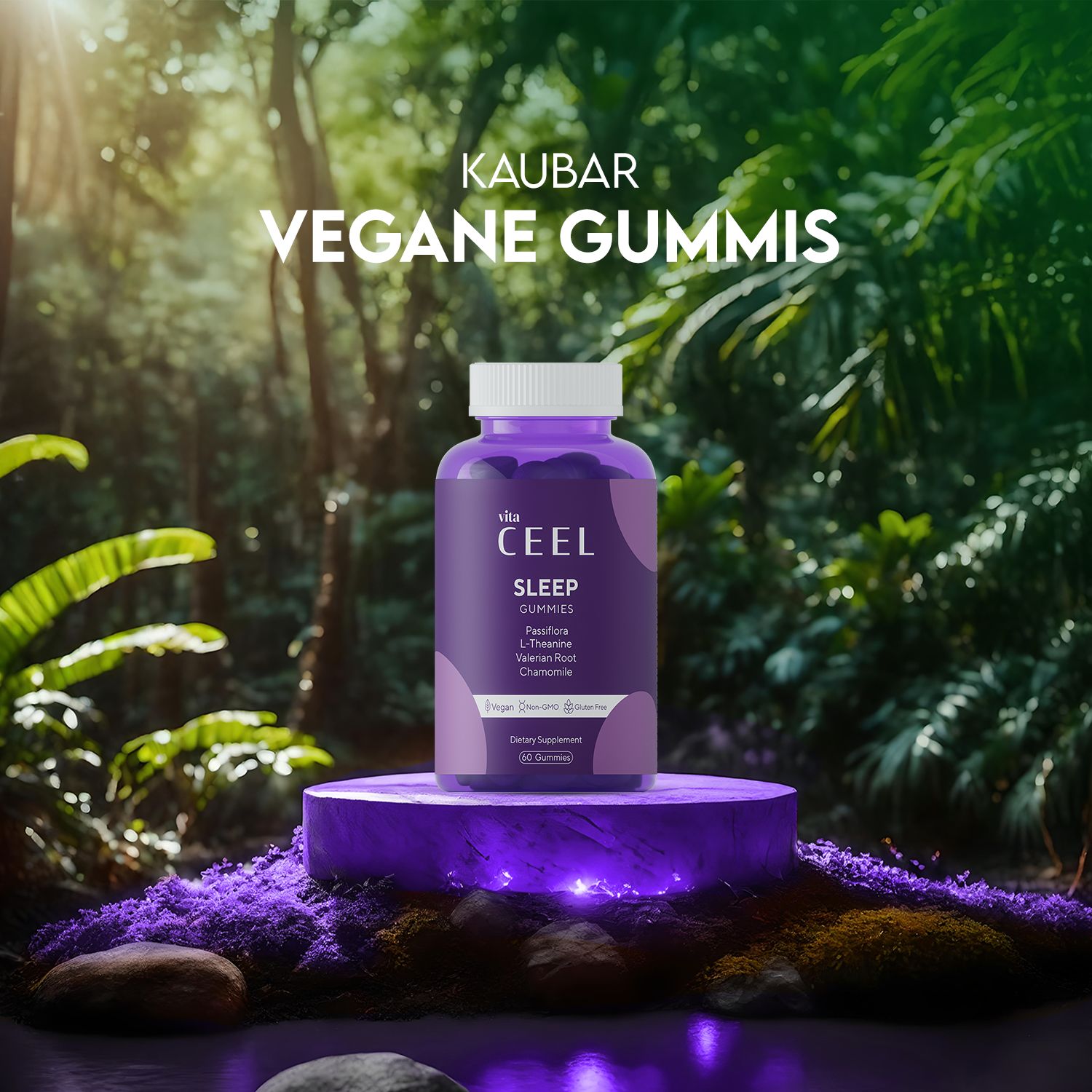 Flasche Vita Ceel Sleep Gummies auf einem Podest in einer Dschungelumgebung.