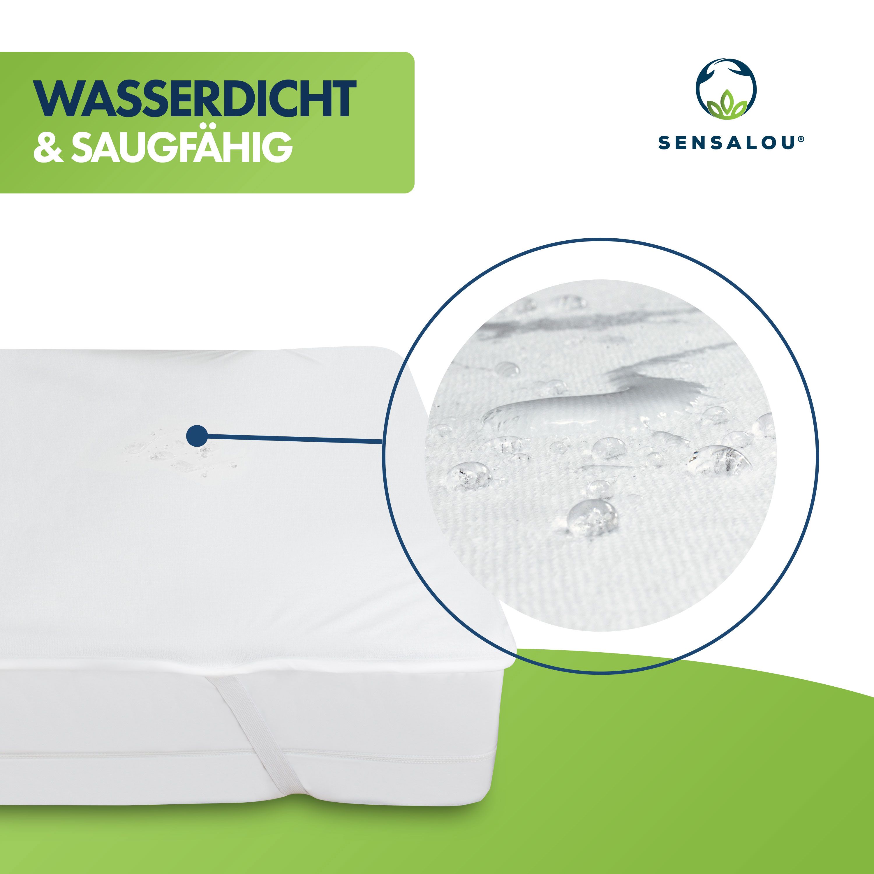 Nahaufnahme eines weißen, wasserdichten und saugfähigen Matratzenschoners. Wassertropfen sichtbar.