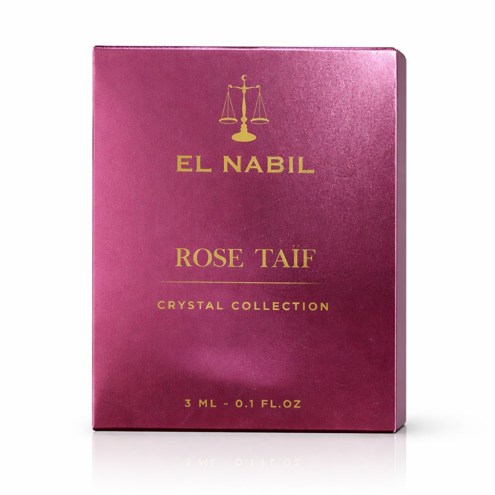 Kartonverpackung mit Produktinformationen. Marke: El Nabil. Text: Rose Taif, Crystal Collection, 3 ml - 0.1 fl.oz. Farbe: Pink.