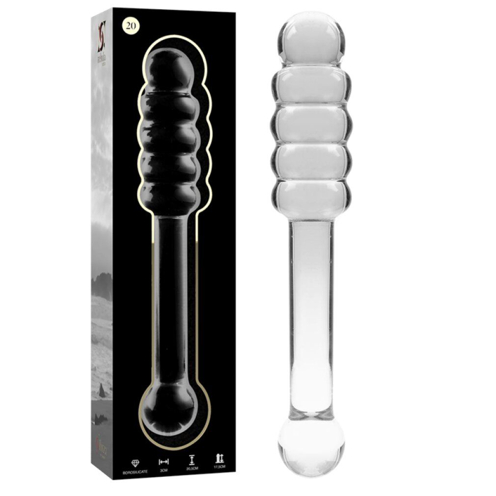 Borosilikatglas-Dildo, 20,5 cm lang, mit geripptem Kopf und kugelförmigem Griff.