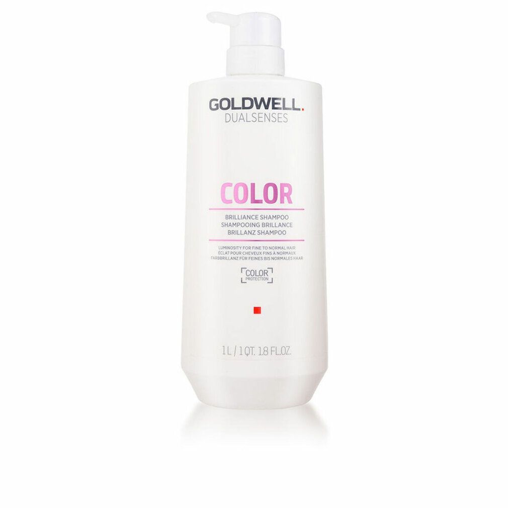 Weißer Shampoo-Behälter mit Pumpe. Text: GOLDWELL DUALSENSES COLOR. 1L/1QT 1.8 FL.OZ.