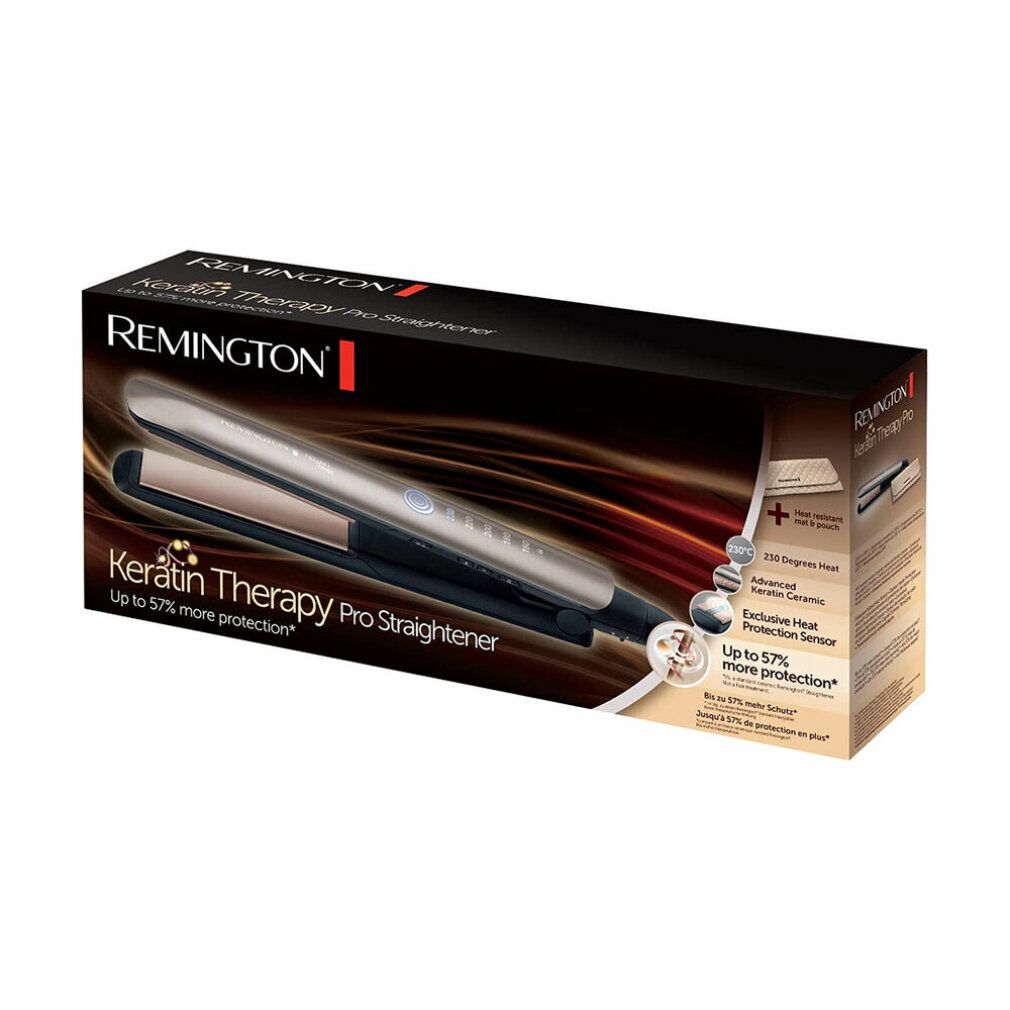 Verpackung der Haarglätter. Marke Remington, Produktname Keratin Therapy Pro. Abbildung des Geräts.