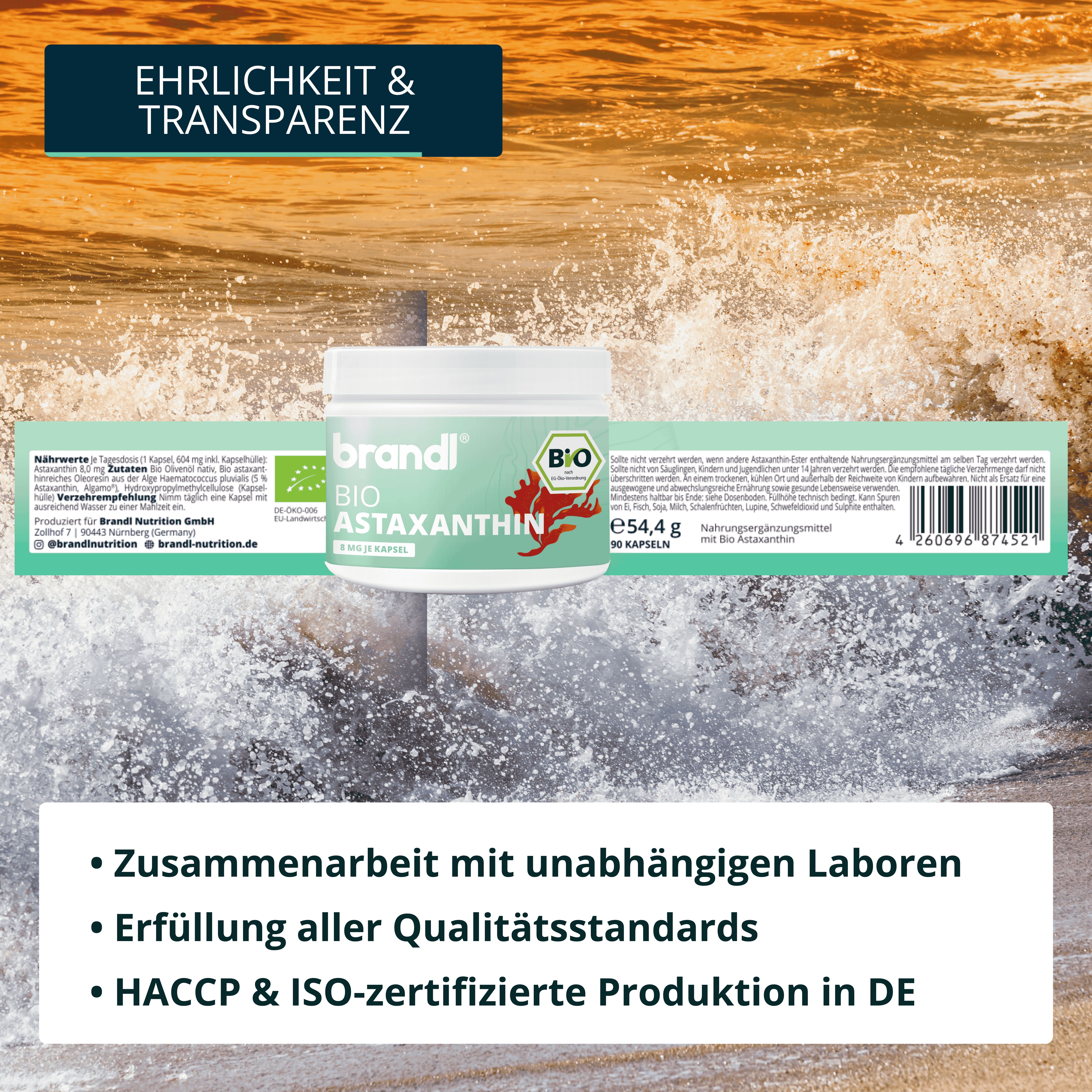 Produktglas mit Etikett. Text: brandl® BIO Astaxanthin. BIO-Siegel. Text: Zusammenarbeit mit Laboren, Qualität.