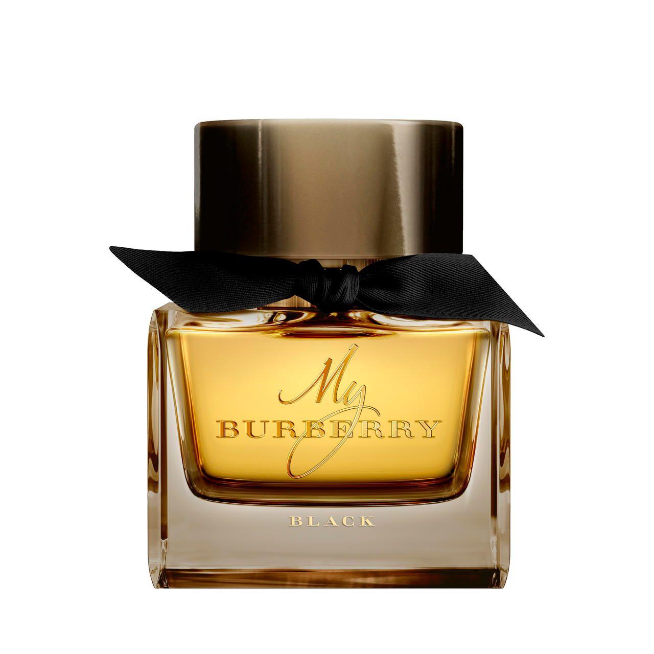 Burberry My Burberry Black E.d.P. Nat. Spray. Quadratischer Flakon mit schwarzer Schleife und goldfarbenem Verschluss.