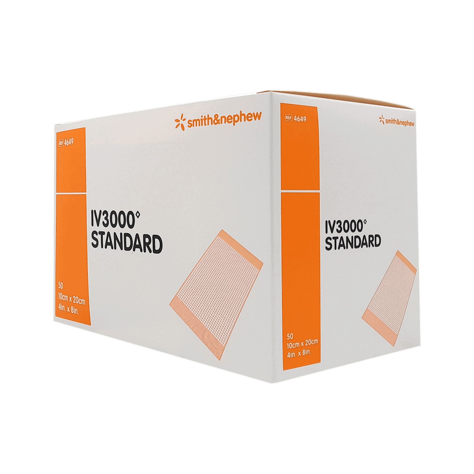 Produktverpackung, schräg. Aufschrift: IV3000 STANDARD. Marke Smith & Nephew. Orangefarbener Block mit Text. 10cm x 20cm. 50 Stück.