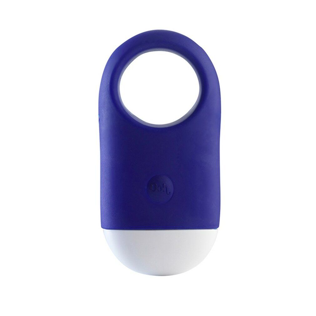 Blauer Ring mit weißem Ende. Oben ein Ring, unten eine ovale Form. Auf der Oberfläche ist ein Knopf.