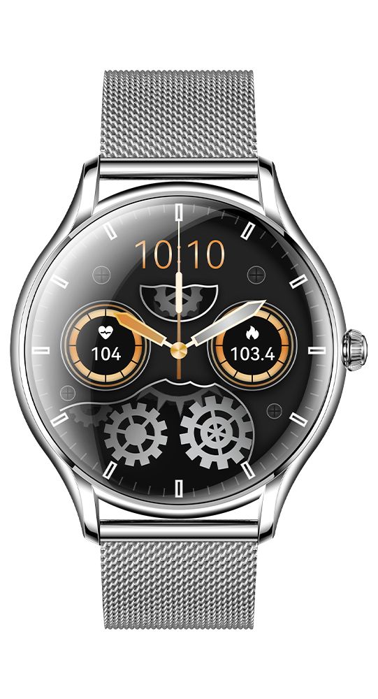 Silberne Smartwatch mit Milanaise-Armband und rundem Zifferblatt, das Herzfrequenz und Schritte anzeigt.