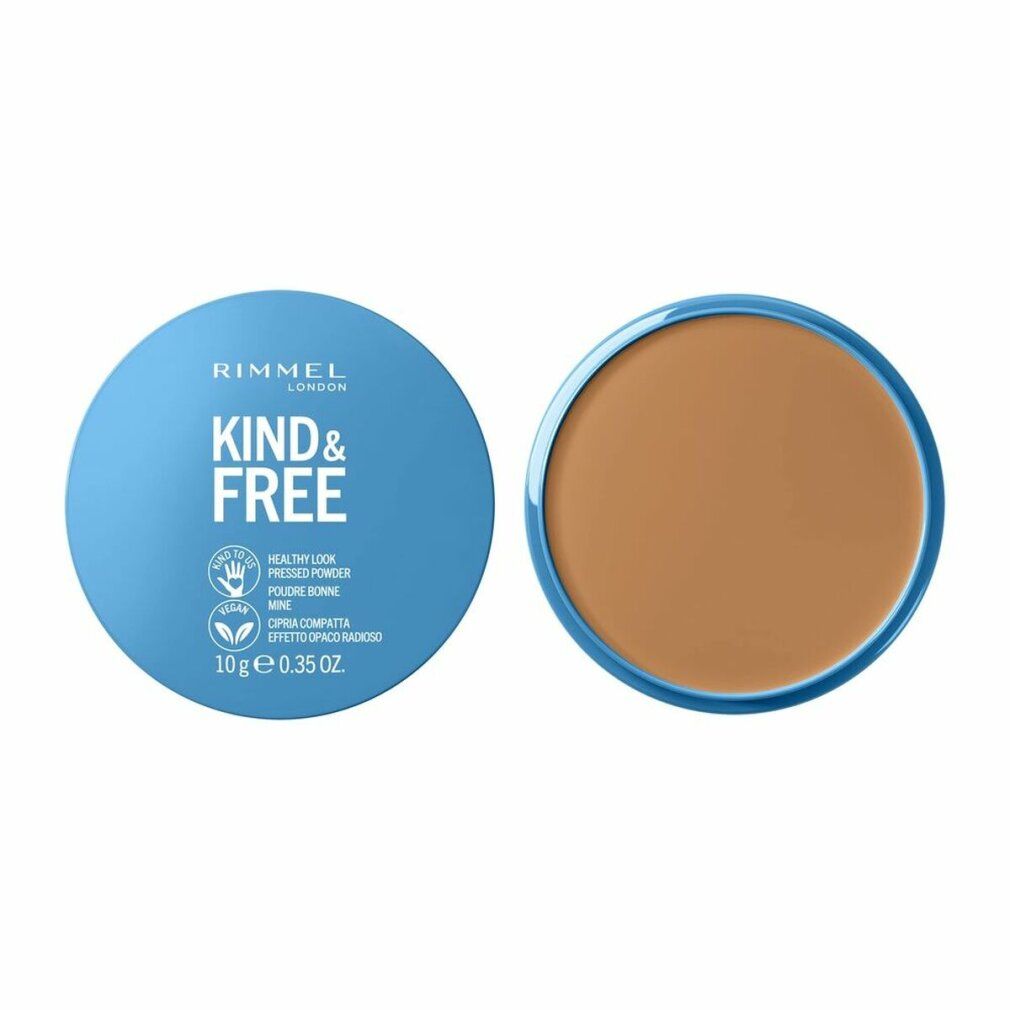Runde, blaue Puderdose mit hellbraunem Puder. Aufschrift: Rimmel London Kind & Free. Vegan-Logo.