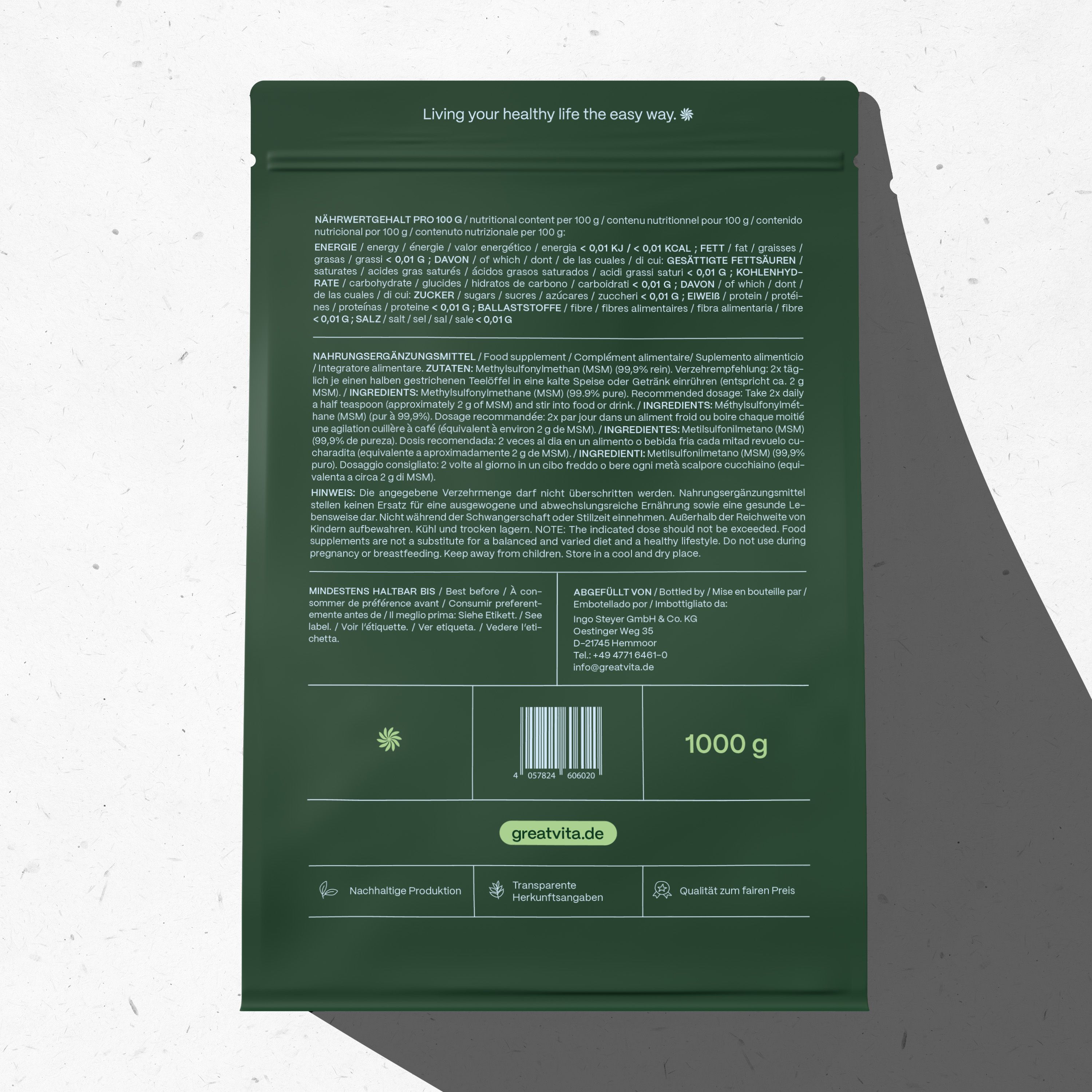 Grüne Verpackung mit Text. Enthält Nährwertangaben und Inhaltsstoffe. Marke: GreatVita. Gewicht: 1000 g.