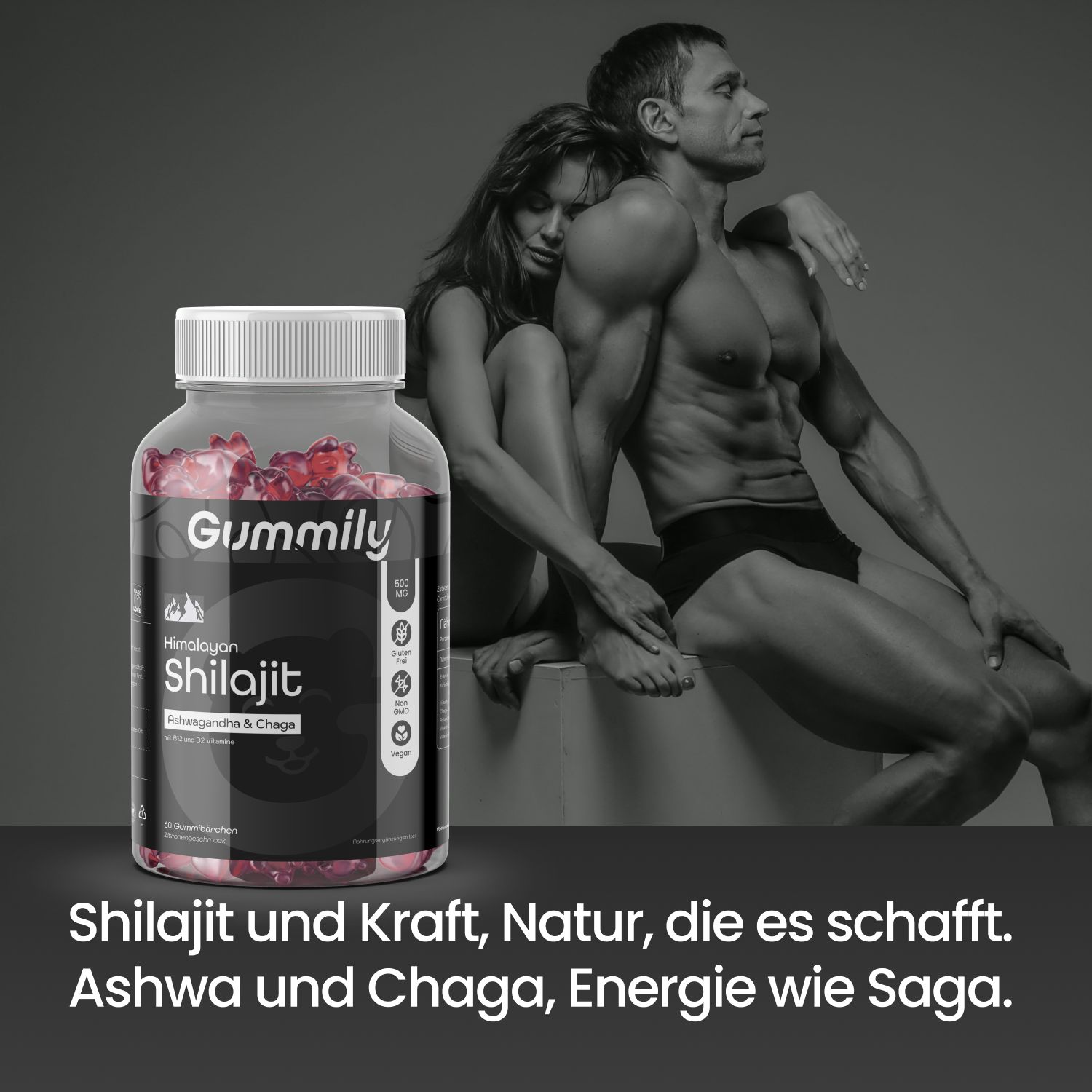 Gummily® Himalayan Shilajit Gummies Flasche vor Paar. Text: 'Shilajit und Kraft, Natur, die es schafft.' und Produktinformationen.