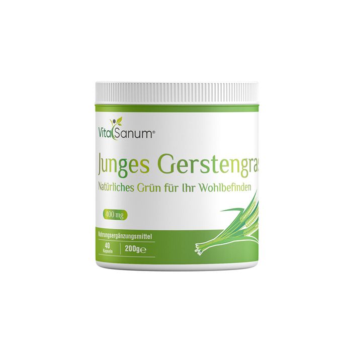 Weißes Behältnis mit grünem Deckel. Aufschrift: VitaSanum Junges Gerstengras. Natürliches Grün für Ihr Wohlbefinden. 400 mg.