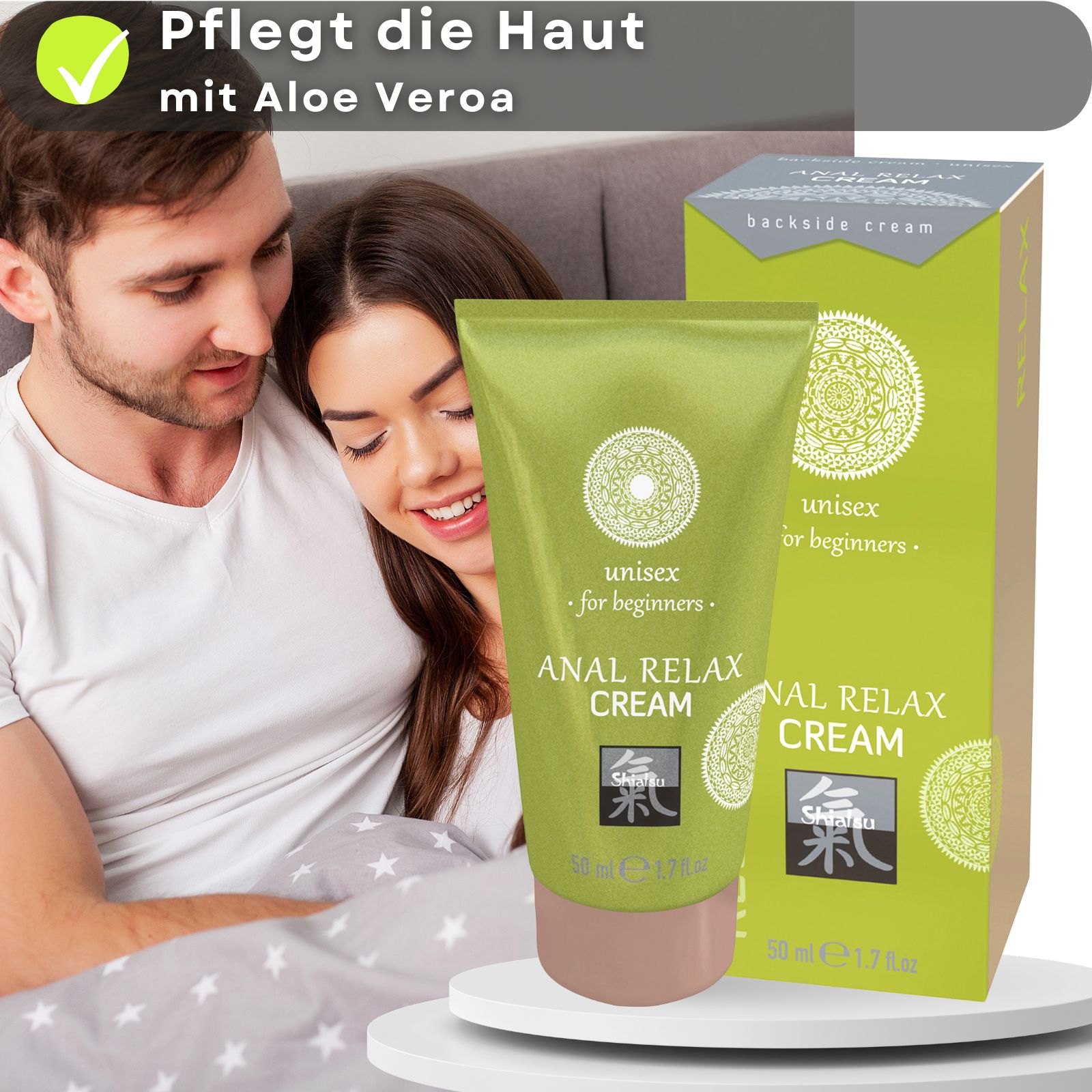 Grüne Tube und Schachtel. ANAL RELAX CREAM, unisex for beginners. Logo. 50 ml. Text: Pflegt die Haut mit Aloe Vera.