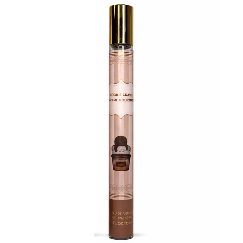 Zylindrische Flasche mit goldfarbenem Deckel. Aufschrift: Cookie Crave Give Me Gourmand. Abbildung eines Desserts.
