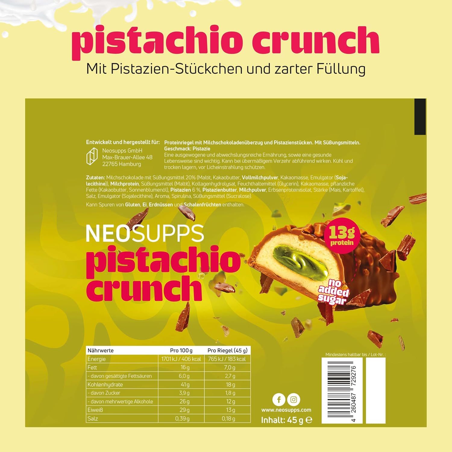 Verpackung der Proteinriegel. Text: NEOSUPPS Pistachio Crunch, 13g Protein, ohne Zuckerzusatz. Nährwerttabelle. Riegel mit Pistazienstücken und zarter Füllung.