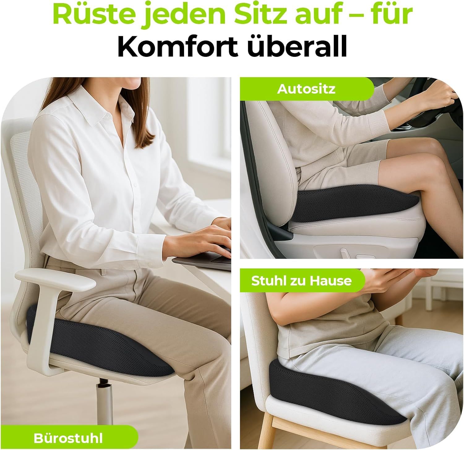 Personen nutzen ein ergonomisches Sitzkissen auf einem Bürostuhl, im Auto und auf einem Stuhl zu Hause.