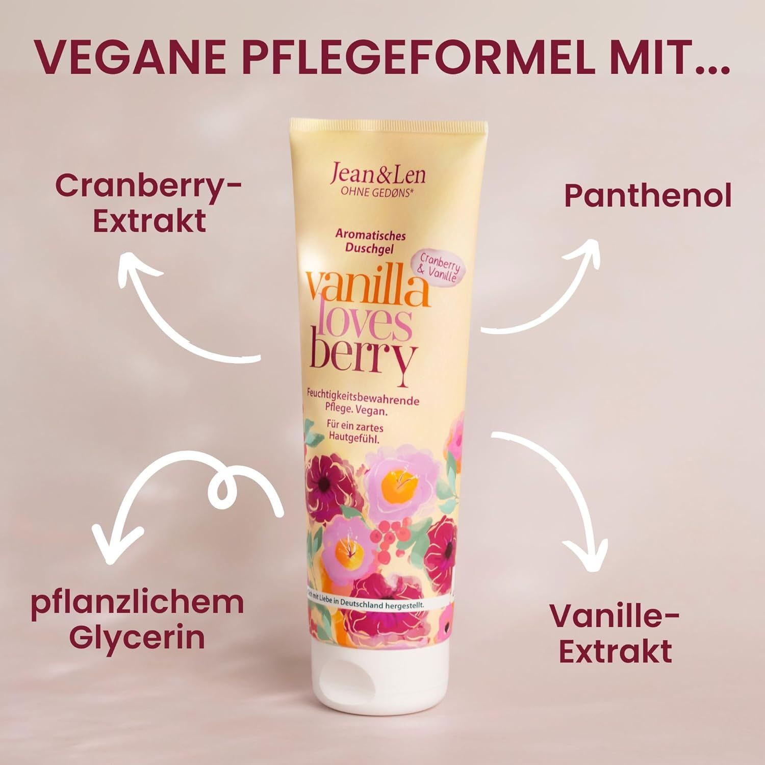 Beige Tube mit "Jean & Len" und "Vanilla loves Berry". Pfeile zeigen auf Cranberry-Extrakt, pflanzliches Glycerin, Vanille-Extrakt und Panthenol.