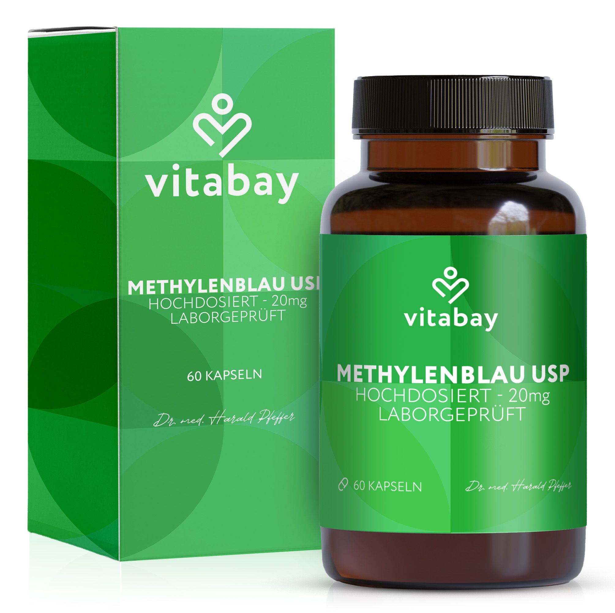 Vitabay Methylenblau USP 20mg Flasche und Verpackung. Grüne Verpackung mit Produktinformationen. Braune Flasche mit Kapseln.
