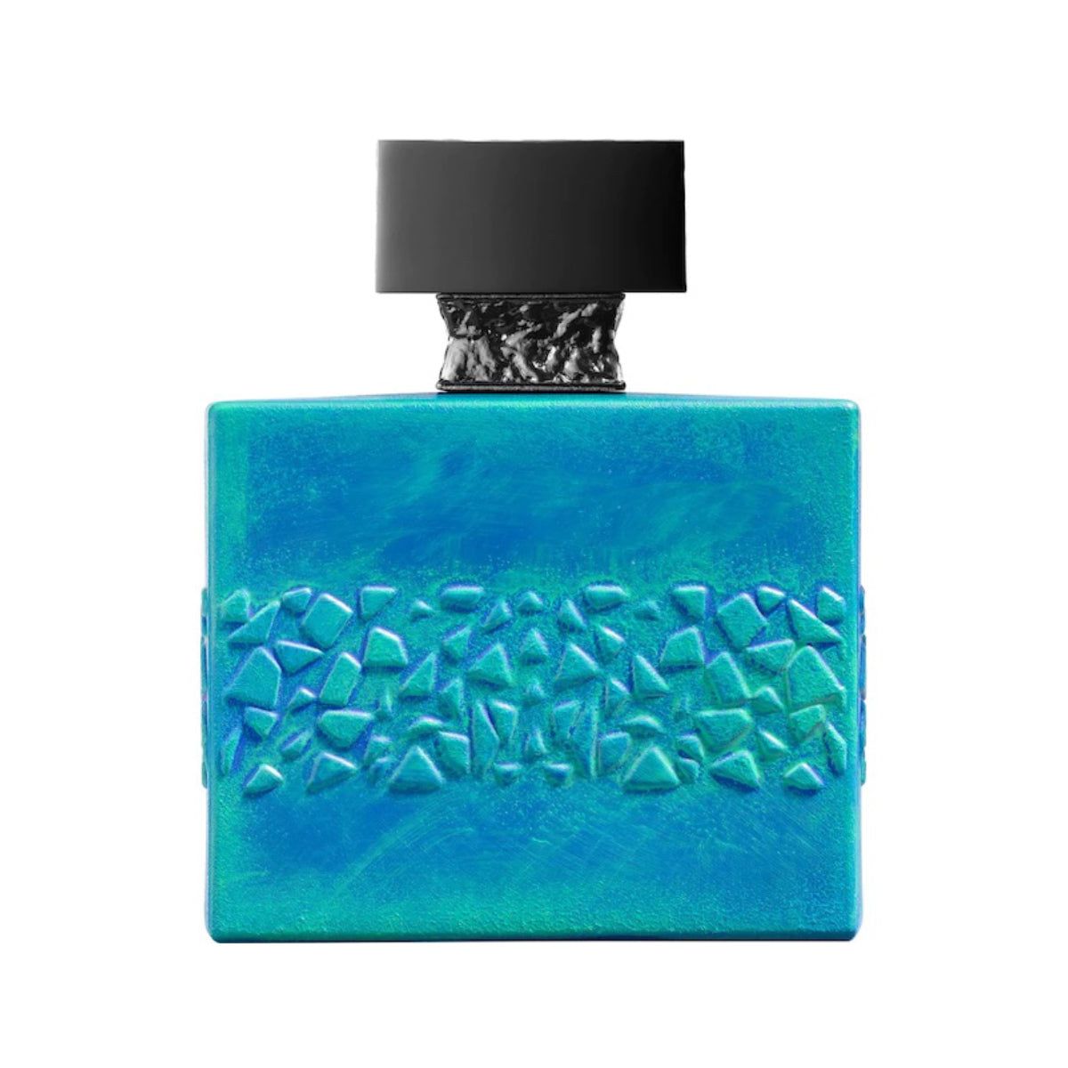 Türkis-farbener Flakon mit schwarzem Deckel. Die Vorderseite ist mit einem Muster aus unregelmäßigen Formen verziert.