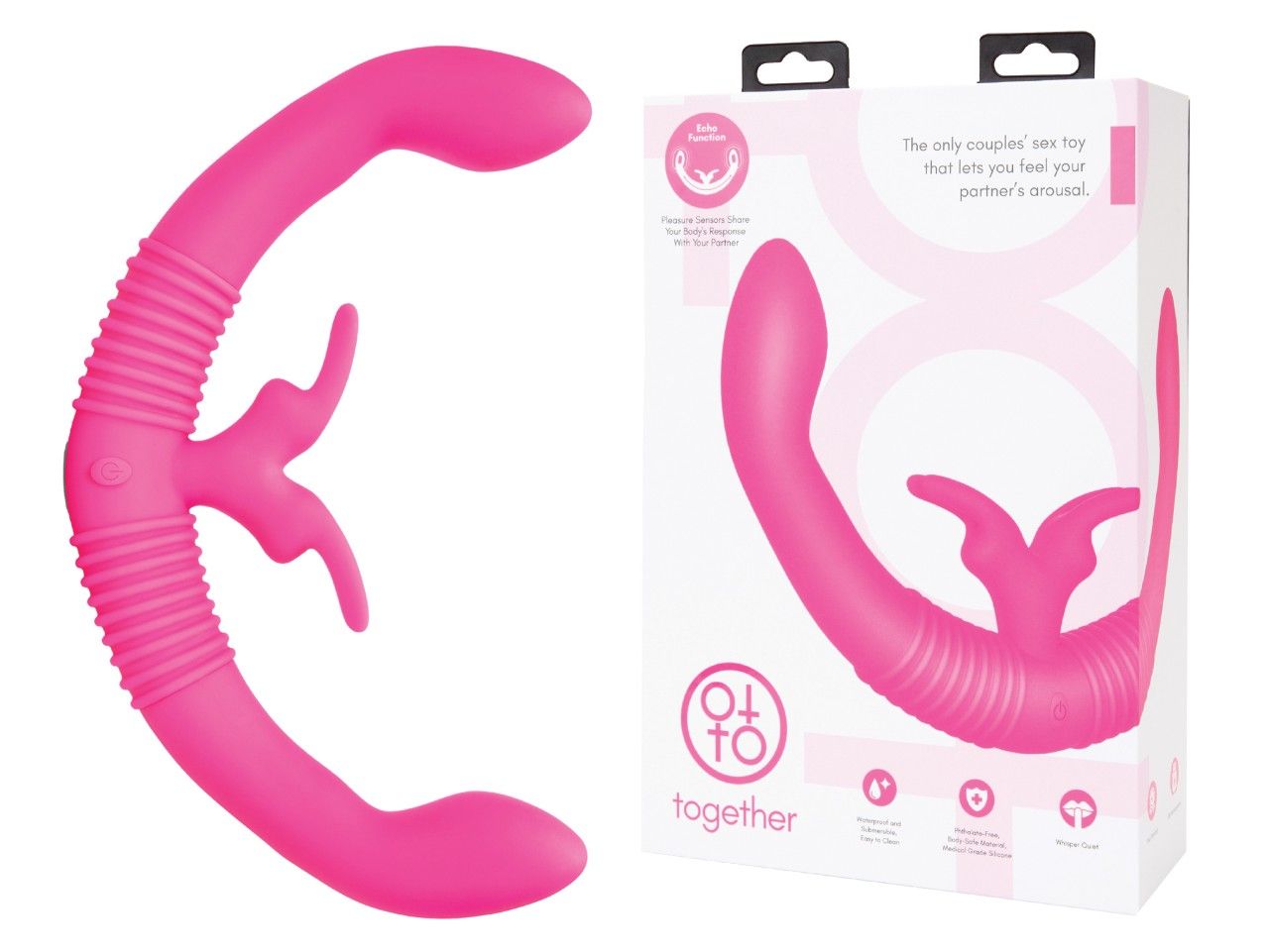 Rosa Vibrator neben Verpackung. Verpackung mit Produktabbildung und Text. Produkt mit zwei gebogenen Enden.