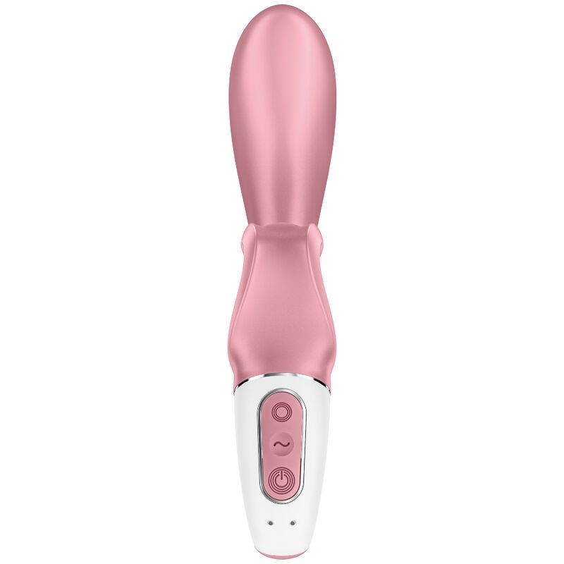 Rosa Vibrator mit geschwungener Form und weißem Bedienelement, seitliche Ansicht.