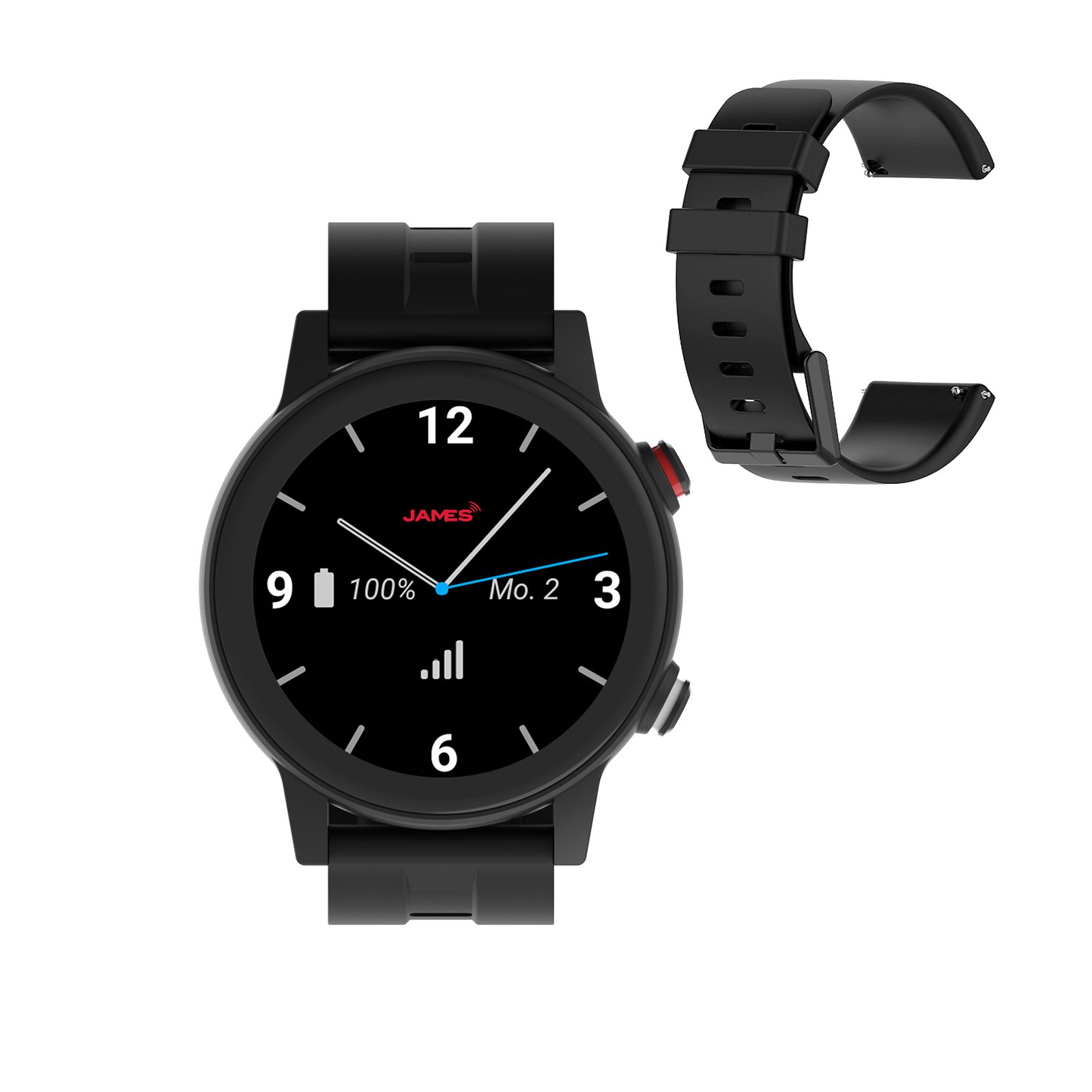 Schwarze Smartwatch mit rundem Zifferblatt und abnehmbarem Armband. Zifferblatt zeigt Uhrzeit, Akku, Signalstärke und JAMES-Logo.
