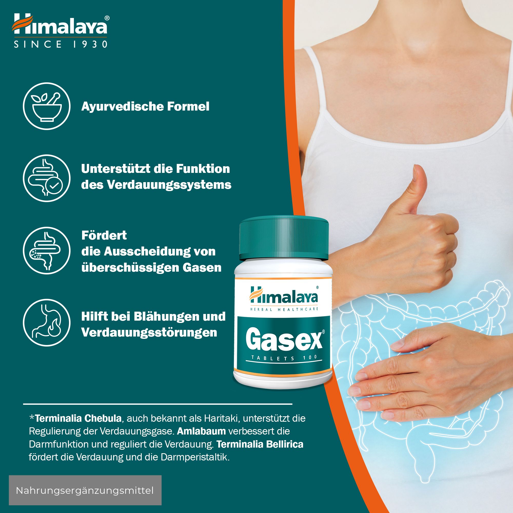 Himalaya Gasex Tablettenflasche mit Zutaten wie Triphala und Ingwer.