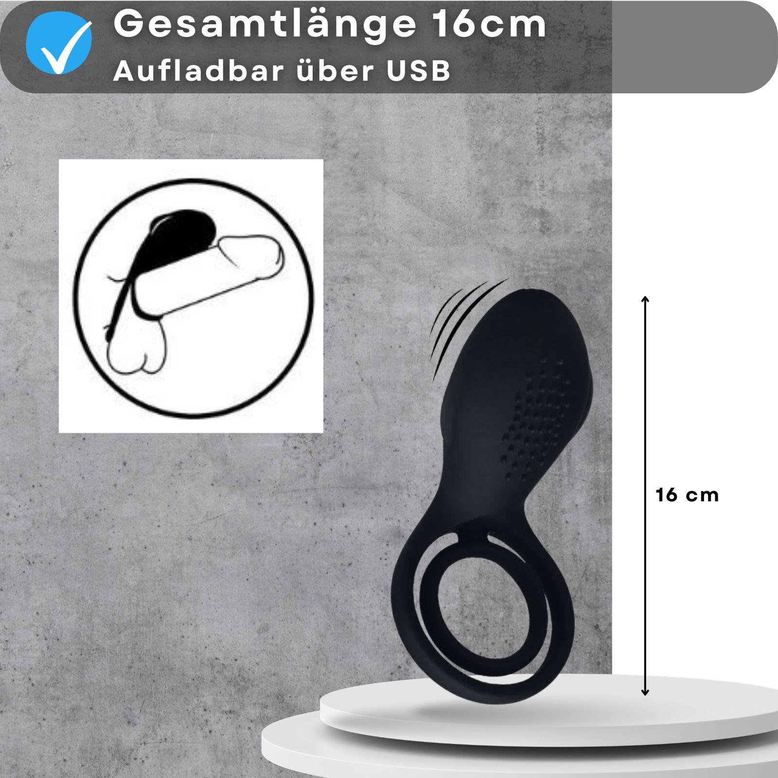 Schwarzer Penisring mit Vibration. Text: Gesamtlänge 16cm, Aufladbar über USB.