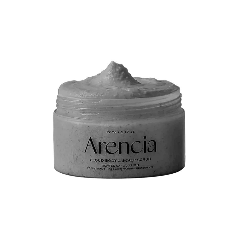Arenz Cloud Body & Scalp Scrub in einem Glasbehälter mit 200g / 9.17 oz Inhalt.