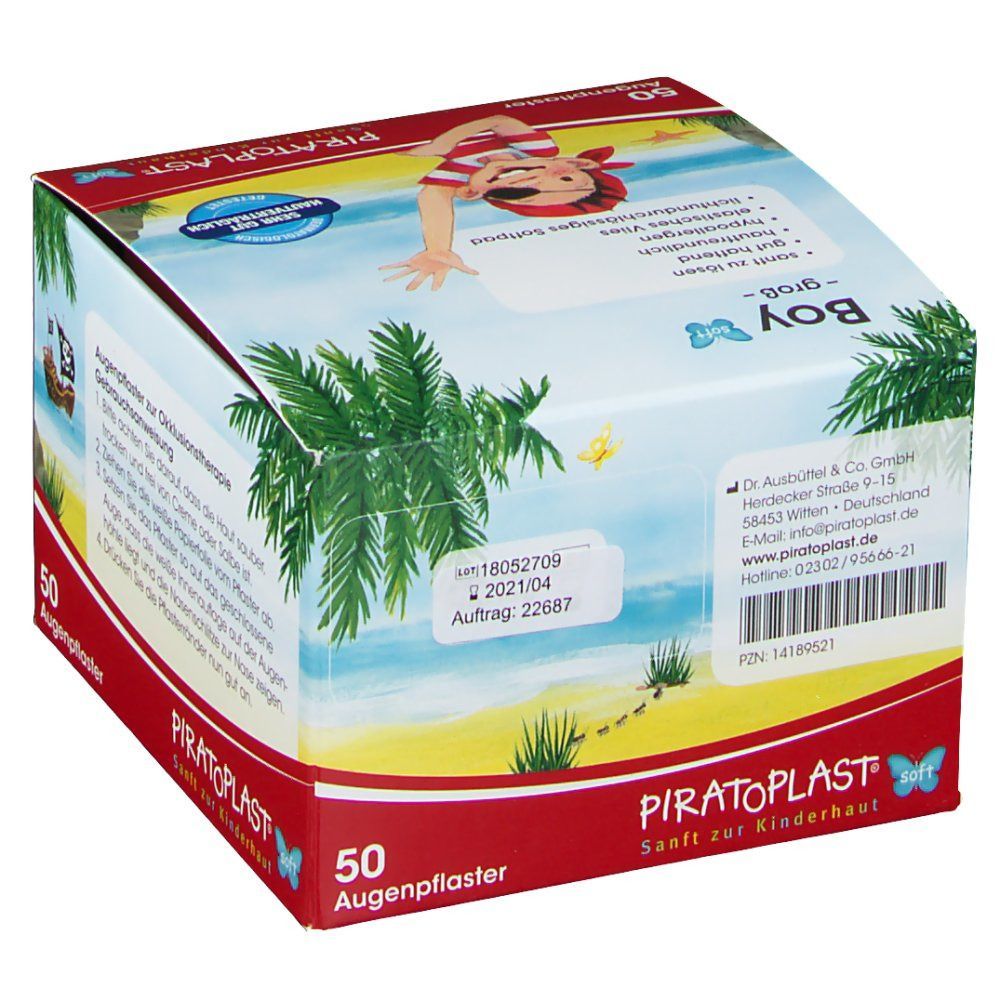 Pappschachtel mit Augenpflastern. Aufdruck: PIRATOPLAST® Boy soft groß. 50 Augenpflaster. Abbildung eines Piratenjungen. Text und Barcode.