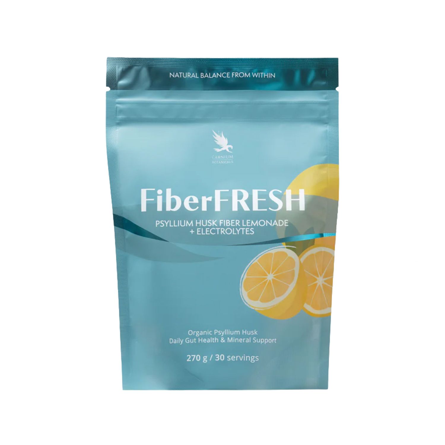 Beutel mit FiberFRESH. Aufschrift: Psyllium Husk Fiber Lemonade + Electrolytes. Enthält 270 g / 30 Portionen. Abbildung von Zitronen.