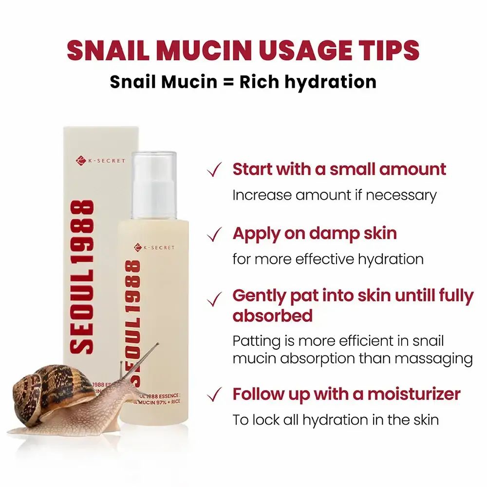 Flasche und Verpackung. Roter Schriftzug: SEOUL 1988. Text: K-SECRET, SEOUL 1988 ESSENCE, SNAIL MUCIN 97% + RICE. Schnecke.