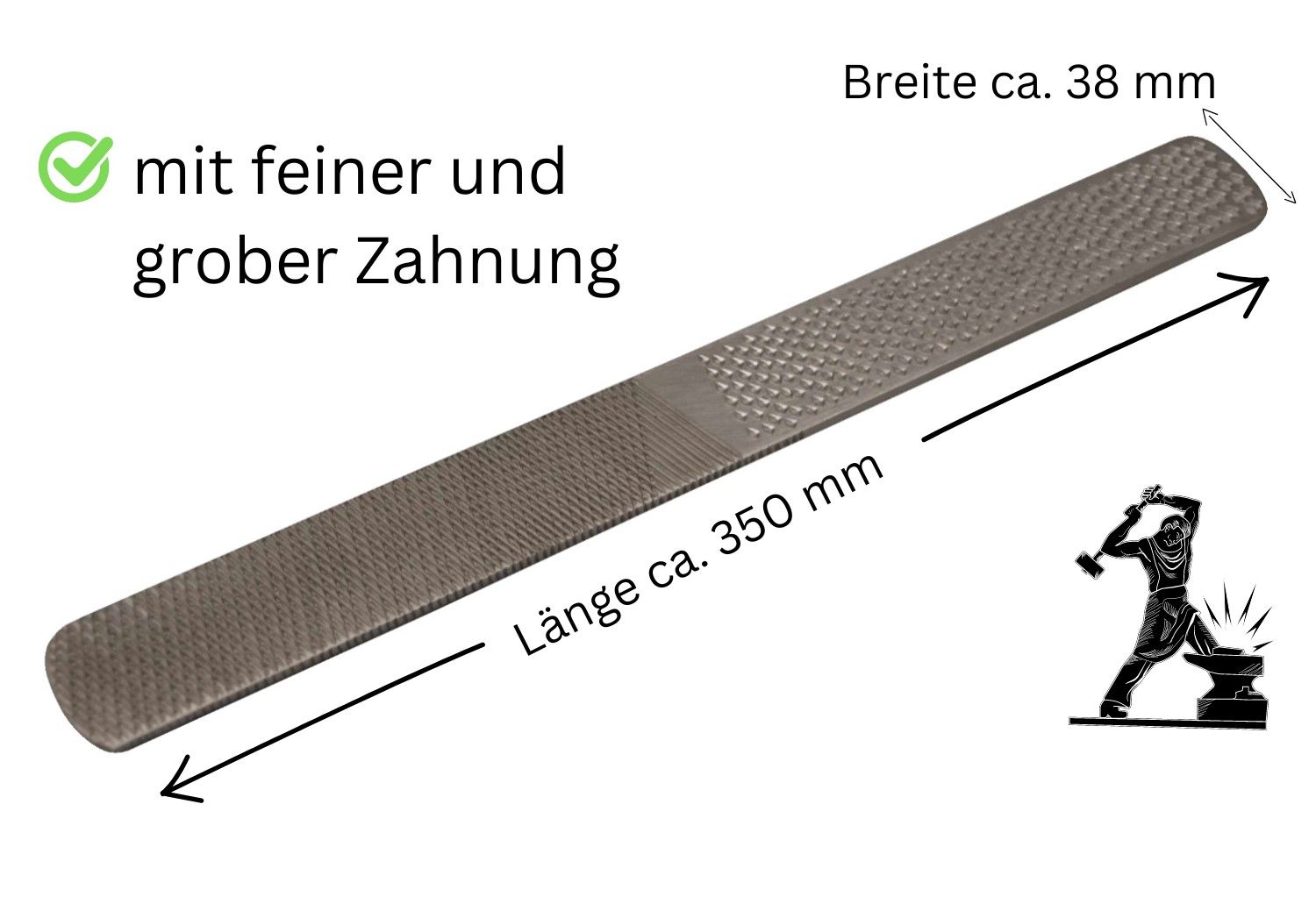 Raspel mit feiner und grober Zahnung. Länge ca. 350 mm, Breite ca. 38 mm.
