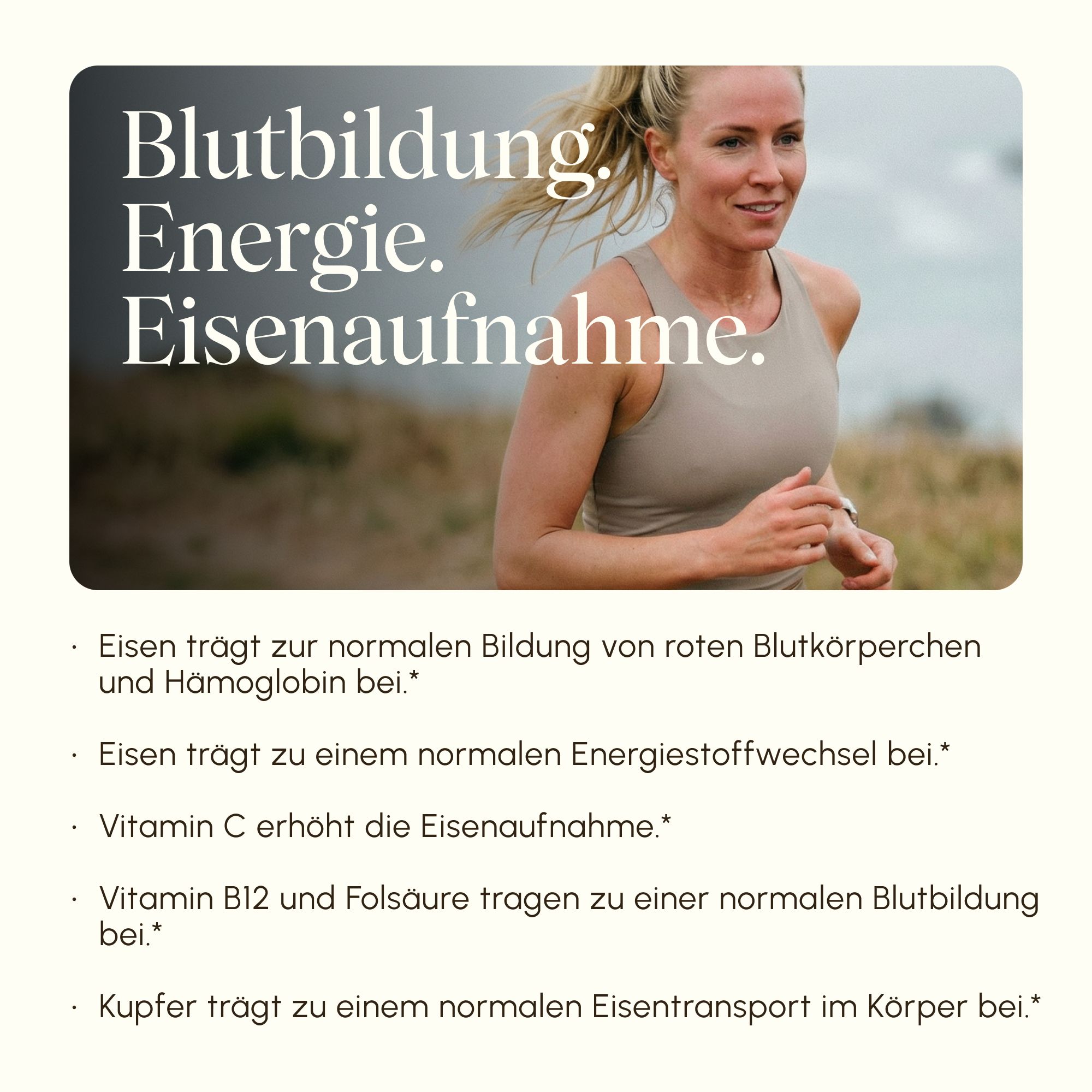 Text über Blutbildung, Energie und Eisenaufnahme mit einer Frau beim Laufen.
