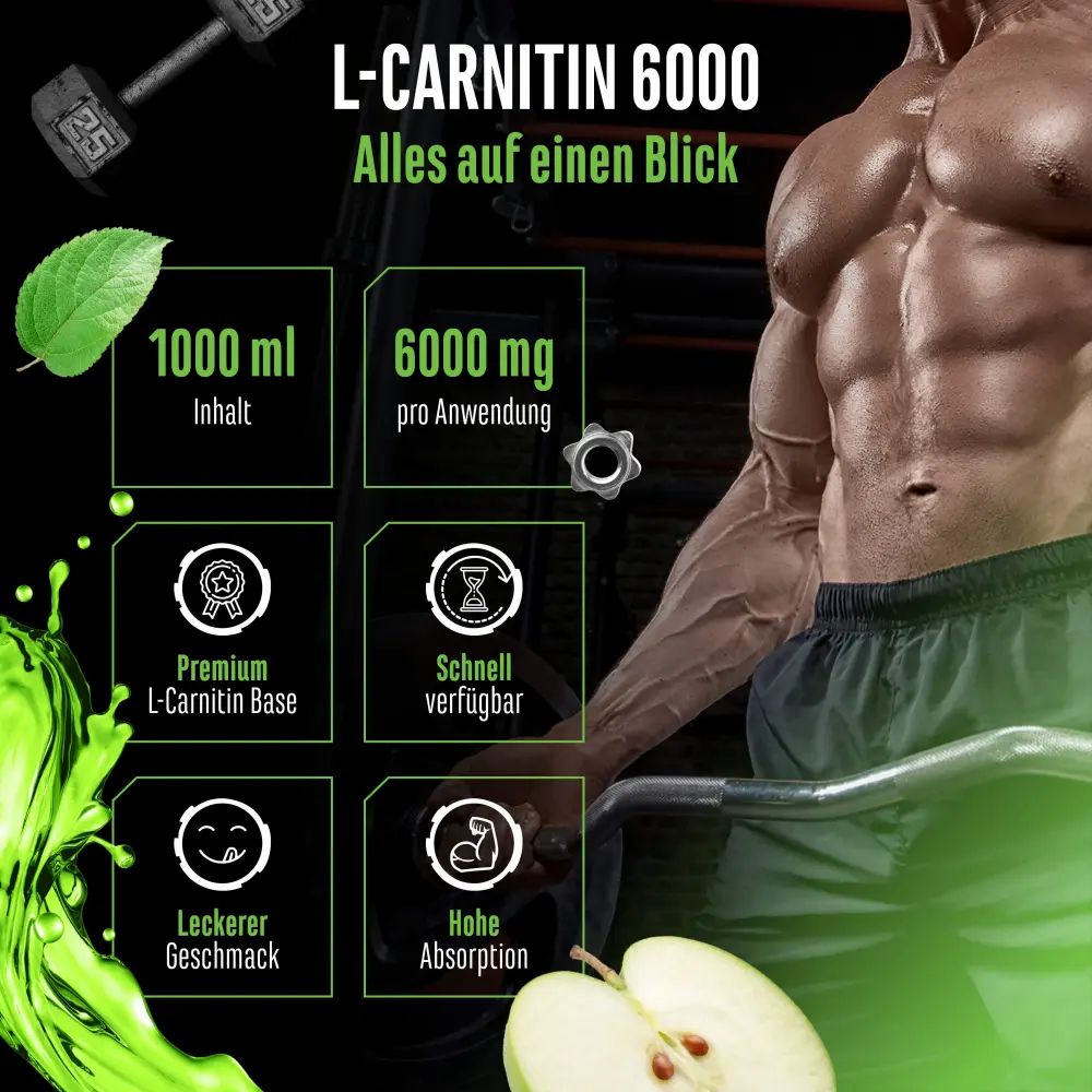 Grafik mit Text und Illustrationen. Enthält Informationen zu L-Carnitin 6000.  Enthält 1000 ml, 6000 mg pro Anwendung, Premium L-Carnitin Base.