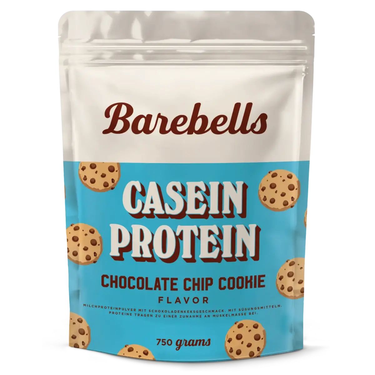 Beutel mit Barebells Casein Protein, Geschmack Chocolate Chip Cookie. Aufschrift: 750 Gramm. Abbildung von Keksen.